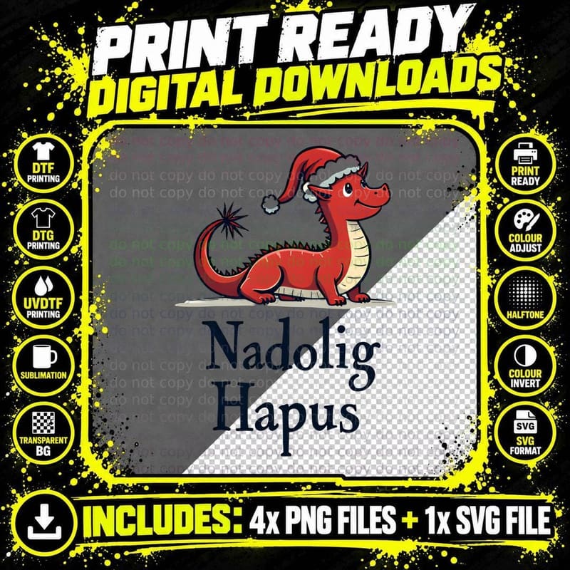Nadolig Llawen Dragon Line Art T-Shirt Png SVG Digital Bundle