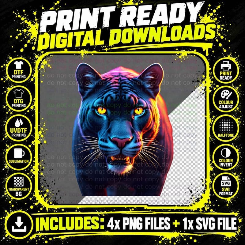 Neon Black Panther Pink Blue Glow Wild Animal Cat T-Shirt Png SVG Digital Bundle