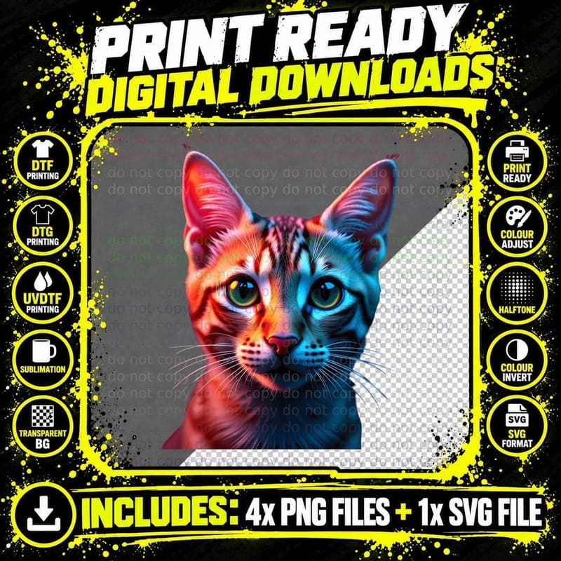 Neon Cat Face Colorful Glow Pink Orange Blue Animal Png SVG Digital Bundle