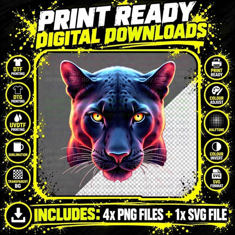 Neon Leopard Head Pink Blue Orange Glow Wild Cat T-Shirt Png SVG Digital Bundle