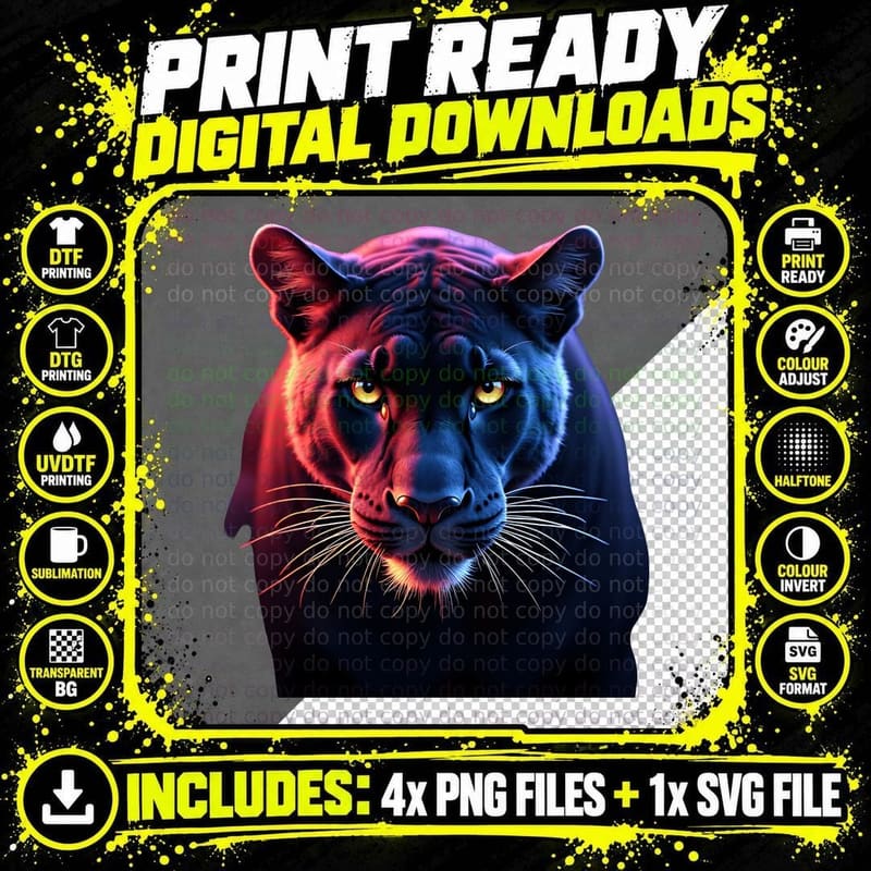 Neon Panther Blacklight Animal Red Blue Glow Cat T-Shirt Png SVG Digital Bundle
