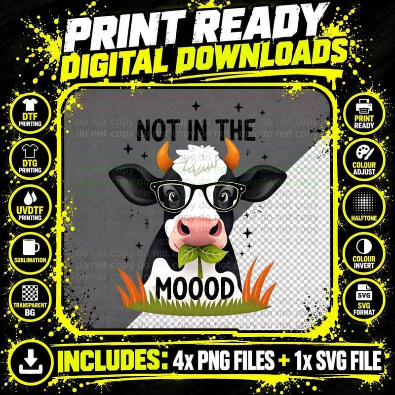 Not in the Mood Cute Funny Cow with Glasses Farm Animal Png SVG Digital Bundle