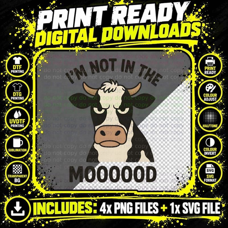 Not in the Mooood Displeased Cartoon Cow Annoyed Png SVG Digital Bundle