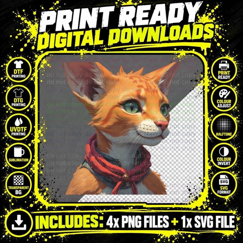 Orange Cat Green Eyes Blue Vest Red Scarf T-Shirt Png SVG Digital Bundle