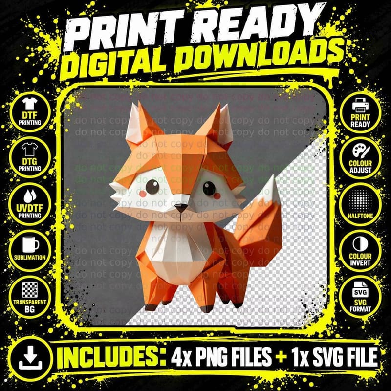 Origami Fox Geometric Animal Design for Men Women Kids Png SVG Digital Bundle