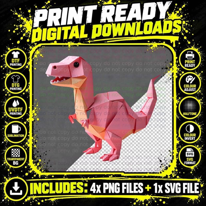 Origami T-Rex Dinosaur Pink Gradient Geometric Jurassic Png SVG Digital Bundle