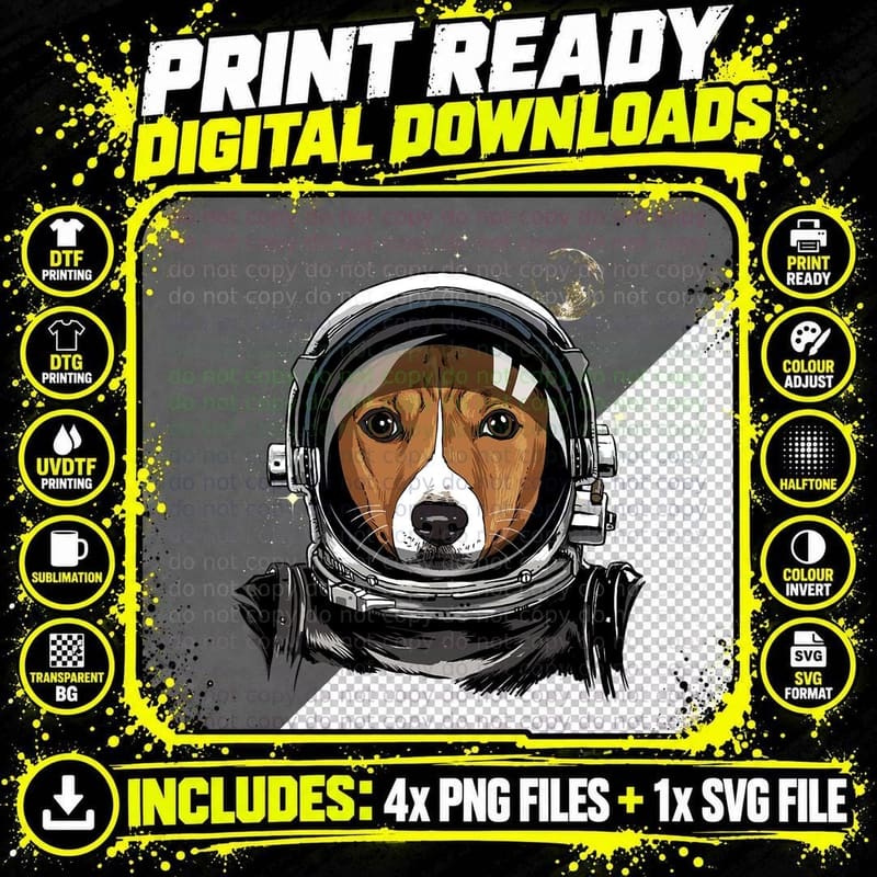Outer Space Astronaut African Basenji Dog Face Astronomy Png SVG Digital Bundle