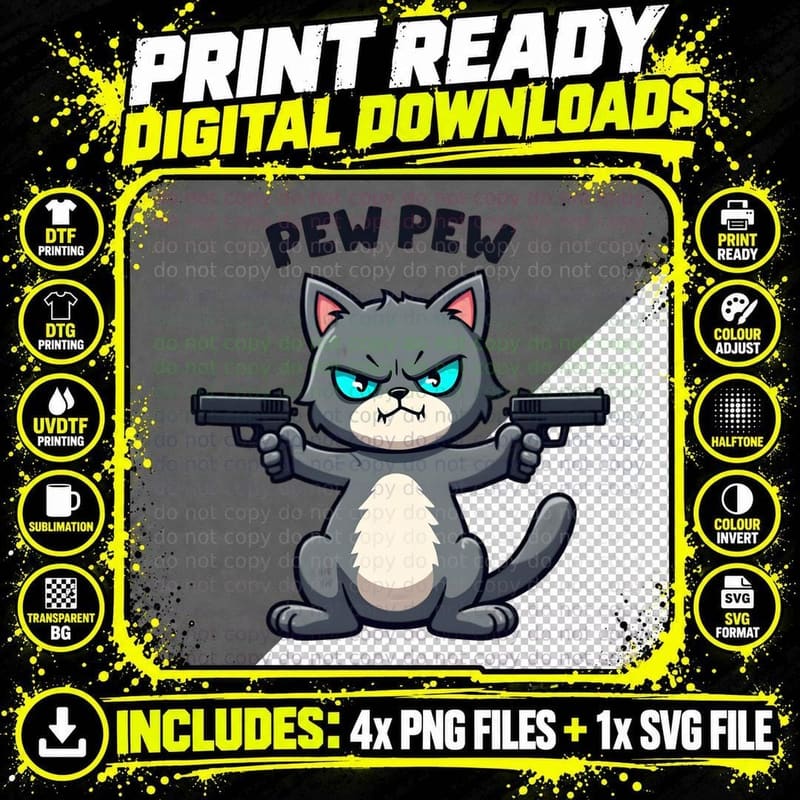 PEW PEW Funny Grey Cat with Pistols T-Shirt Png SVG Digital Bundle