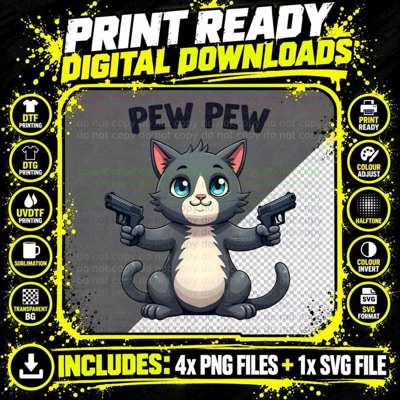 PEW PEW, Grey Cat with Gun, Funny Cats, T-Shirt Png SVG Digital Bundle