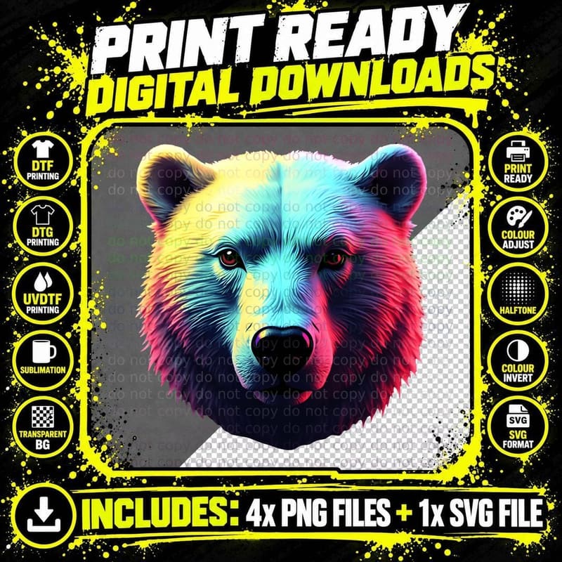 Pastel Bear Head Glowing Eyes Multicolored Fur Wild Png SVG Digital Bundle