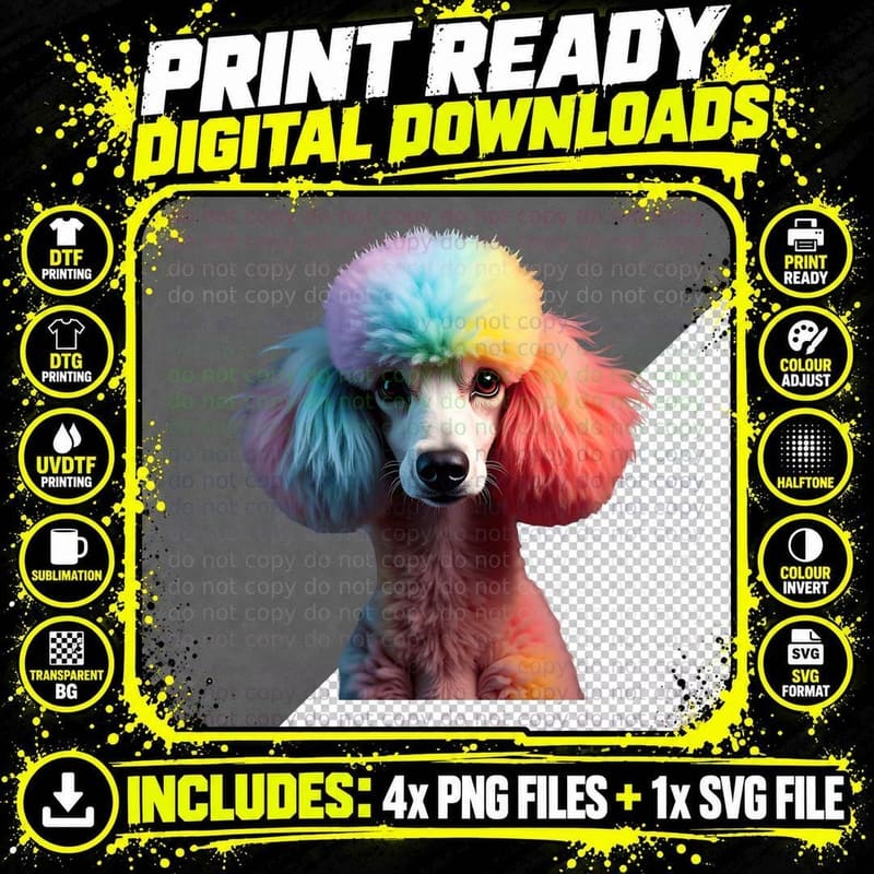 Pastel Poodle Dog Rainbow Haircut Colorful Animal Lover Png SVG Digital Bundle