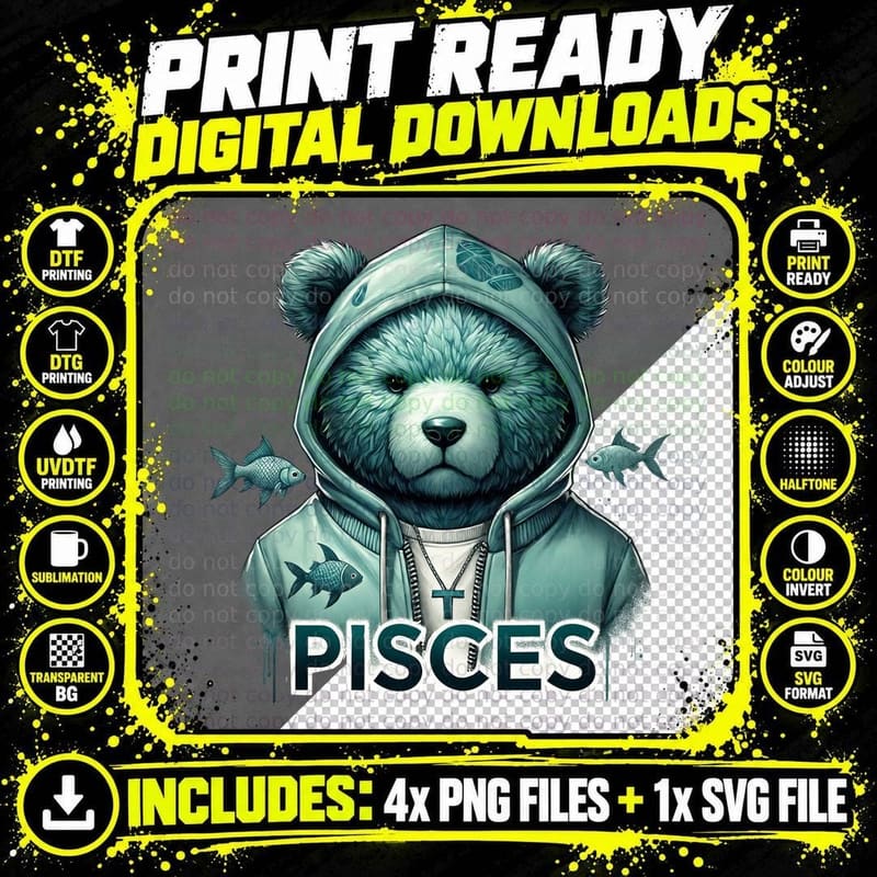 Pisces Zodiac Bear Hoodie Streetwear Astrology Gift Png SVG Digital Bundle