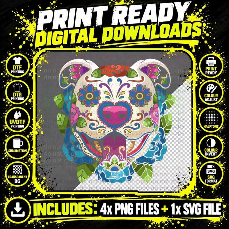 Pit Bull Sugar Skull Mexico Dog Calavera Dia De Los Png SVG Digital Bundle