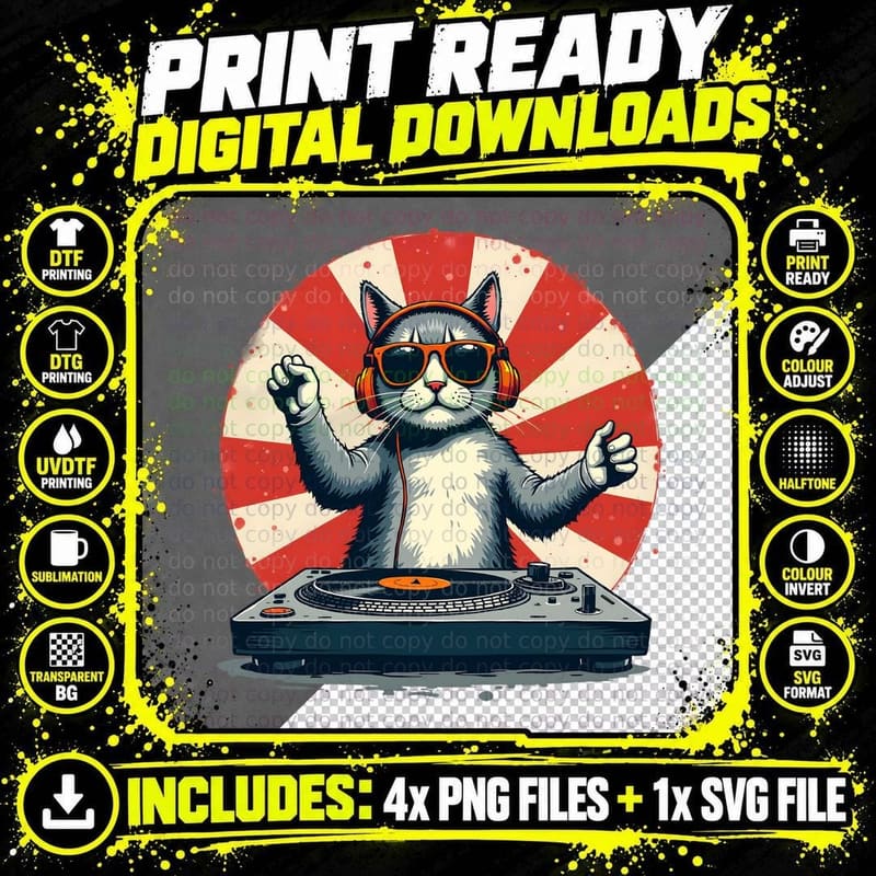 Playful DJ Cat Orange Headphones Sunglasses Sunburst Png SVG Digital Bundle