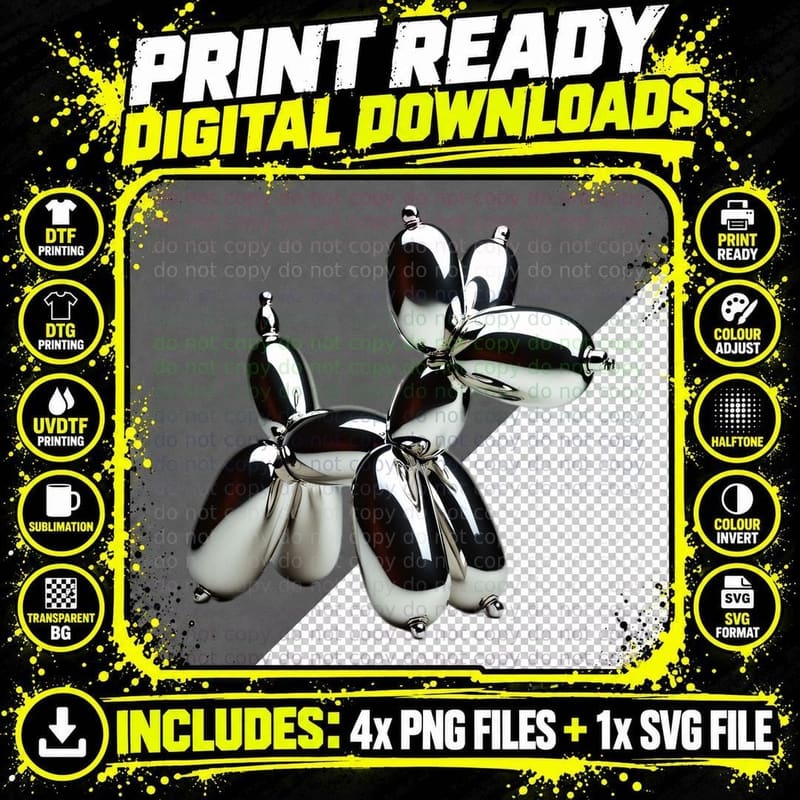 Polished Chrome Balloon Dog Artistic Animal Figure Png SVG Digital Bundle