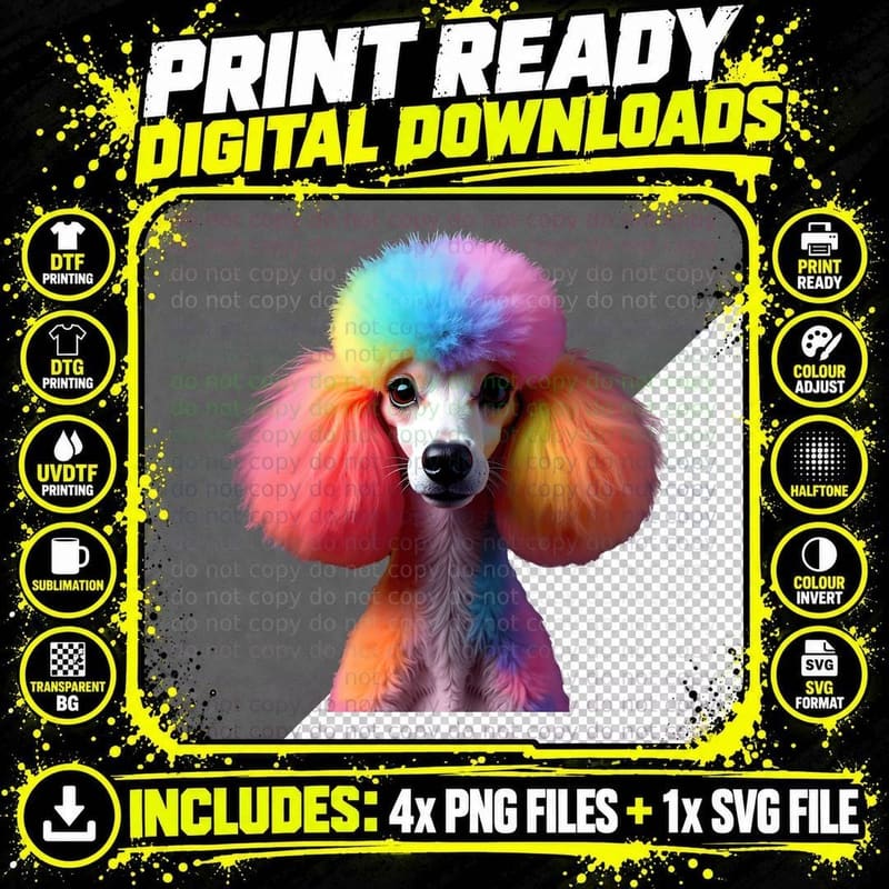 Poodle Dog Pompadour Rainbow Haircut Colorful Animal Png SVG Digital Bundle