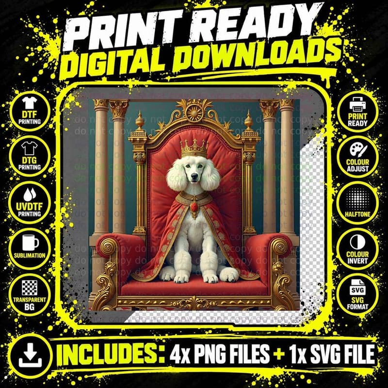Poodle King on a Dog Bed Throne T-Shirt Png SVG Digital Bundle