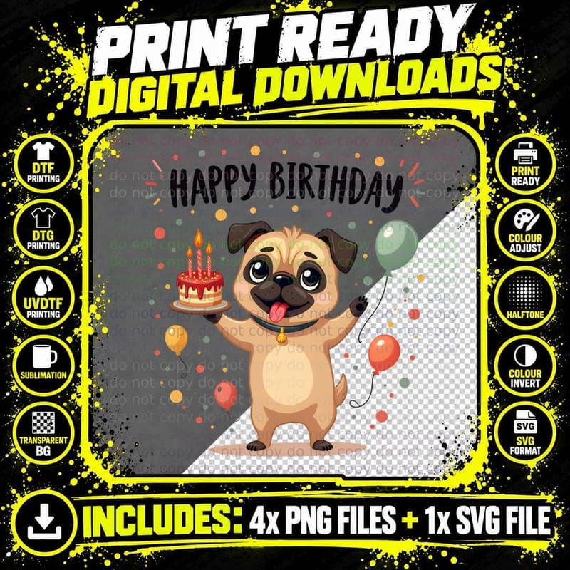 Pug Dog Mom Shirt, Happy Birthday Gift for Dog Lover Png SVG Digital Bundle