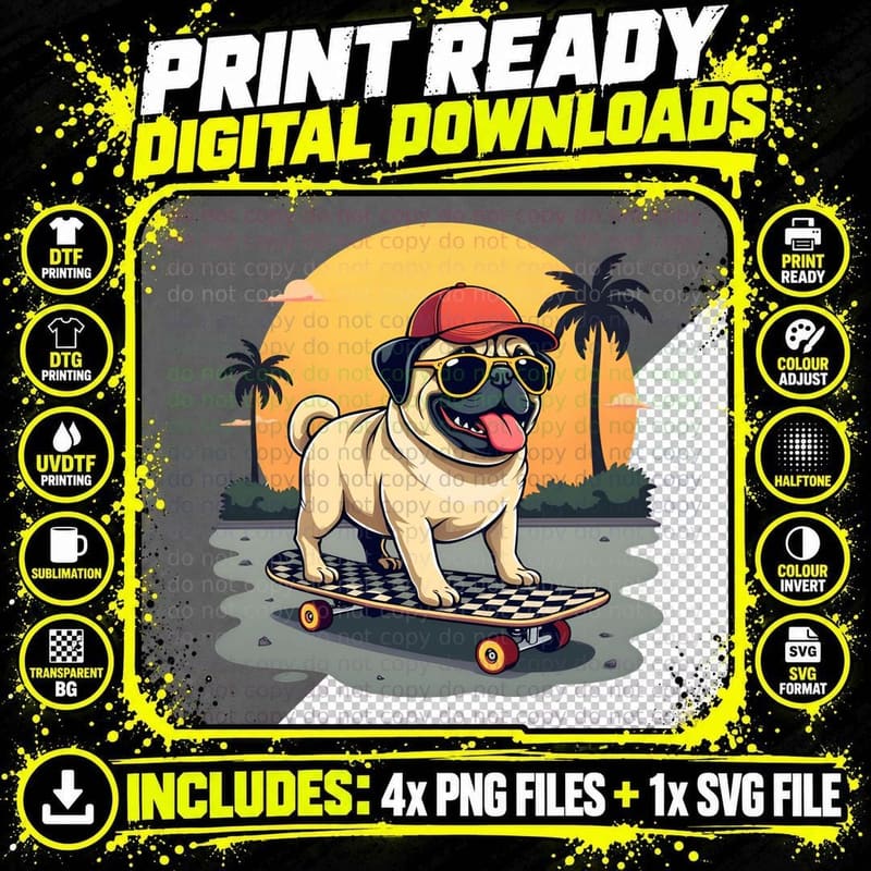 Pug Skateboard Shirt, Funny Dog Lover Gift for Men Png SVG Digital Bundle