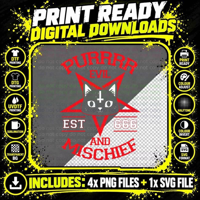 Purr Evil and Mischief Cat Devil Occult Satanic Png SVG Digital Bundle