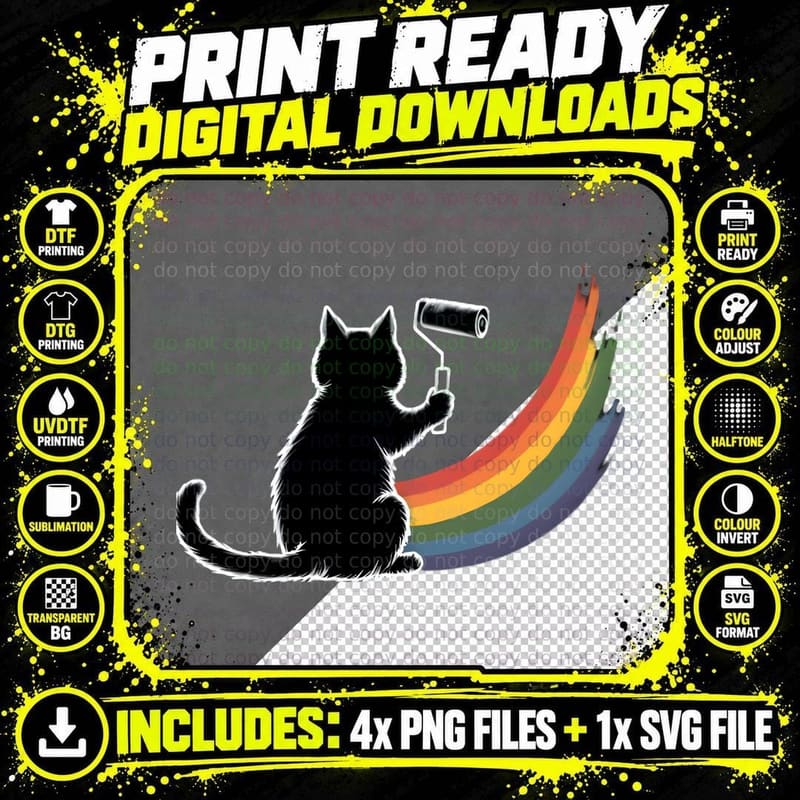 Rainbow Painter Cat Pride LGBT Cute Kitty Art Graphic Png SVG Digital Bundle