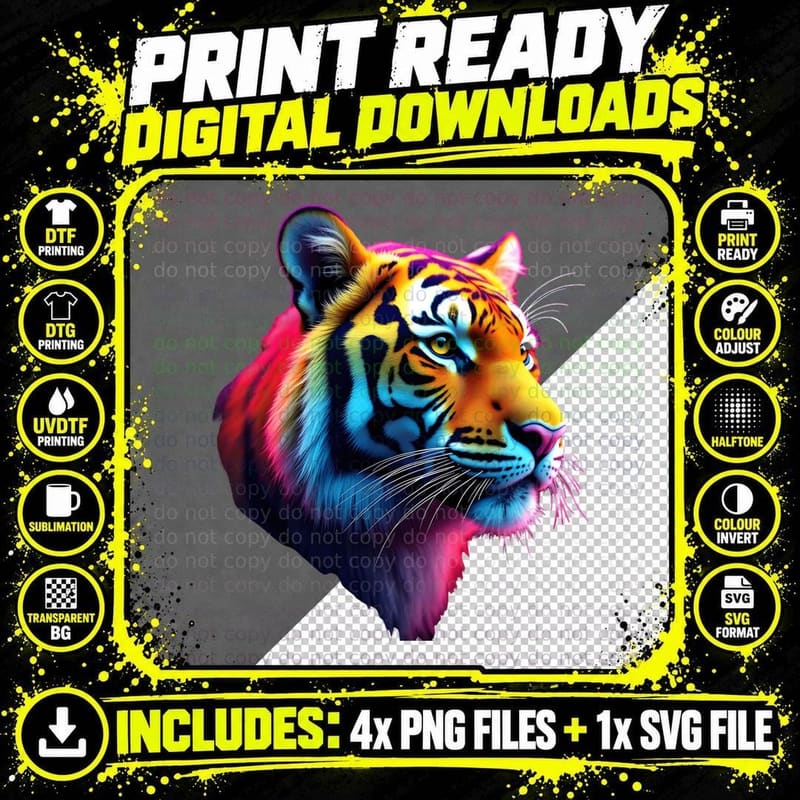 Rainbow Tiger Neon Glow Pink Blue Yellow Wild Cat T-Shirt Png SVG Digital Bundle