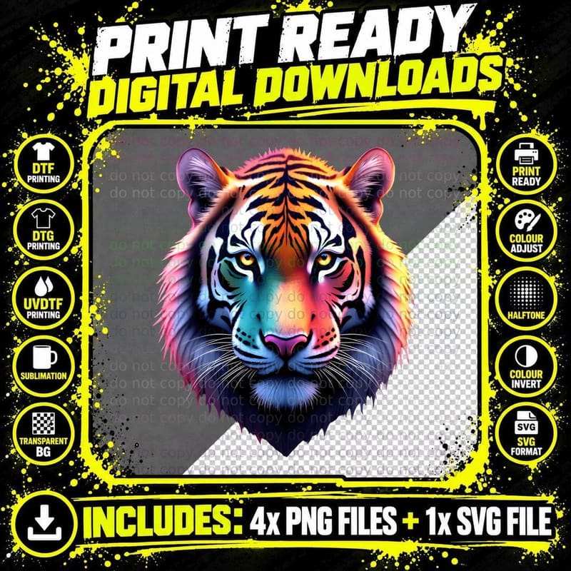Realistic Tiger Rainbow Fur Animal Print Wild Cat T-Shirt Png SVG Digital Bundle