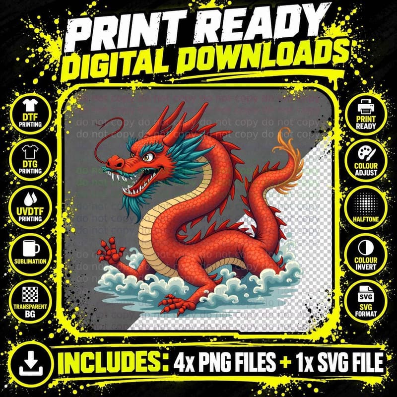 Red Dragon Ocean Waves Mythical Sea Creature Fantasy Art Png SVG Digital Bundle
