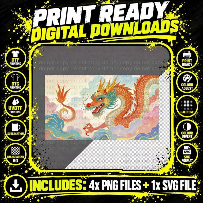 Red Orange Dragon Fantasy Clouds Whimsical Art T-Shirt Png SVG Digital Bundle