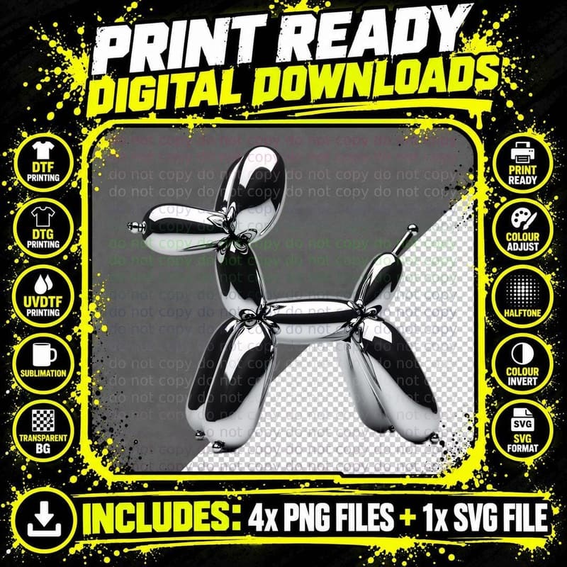 Reflective Chrome Balloon Dog Metallic Finish Pop Art Png SVG Digital Bundle