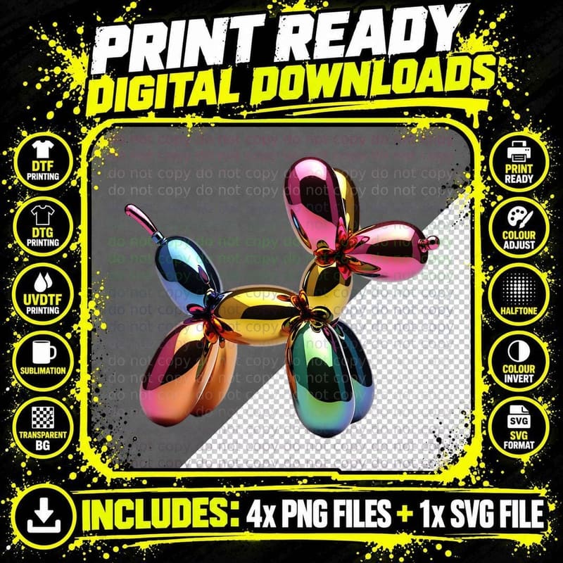 Reflective Rainbow Chrome Balloon Dog Colorful Modern Png SVG Digital Bundle