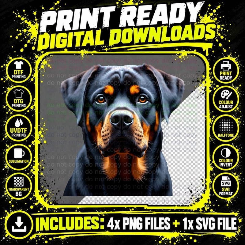 Rottweiler Portrait Detailed Realistic Animal Lover Dog Png SVG Digital Bundle