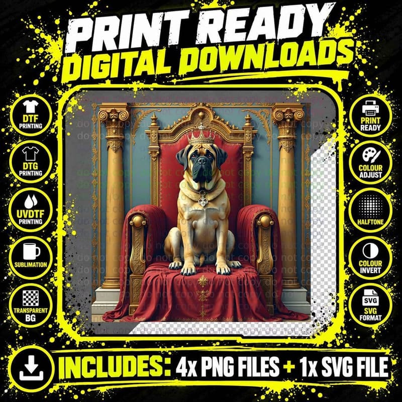 Royal Mastiff Dog on a Throne T-Shirt Png SVG Digital Bundle