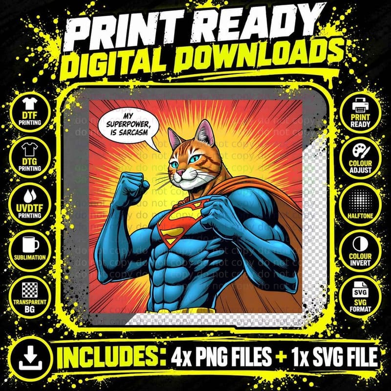 Sarcastic Cat Face Superhero T-Shirt Png SVG Digital Bundle