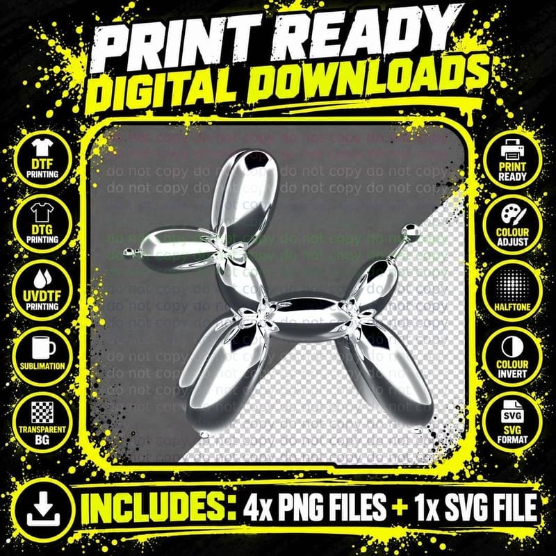 Shiny Metallic Chrome Balloon Dog Reflective Surface Pop Png SVG Digital Bundle