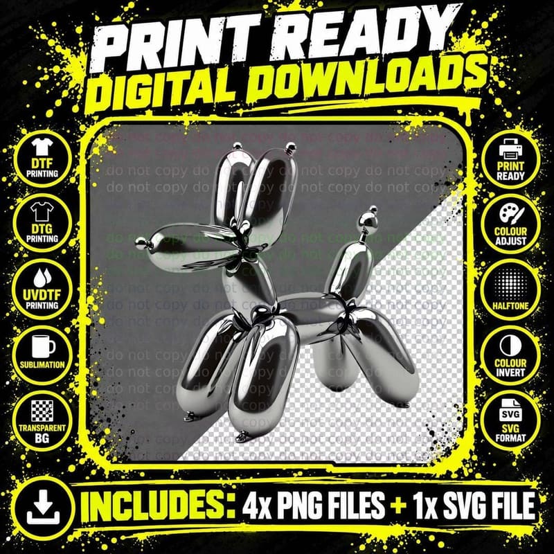 Shiny Silver Chrome Balloon Dog Centered Modern Pop Art Png SVG Digital Bundle