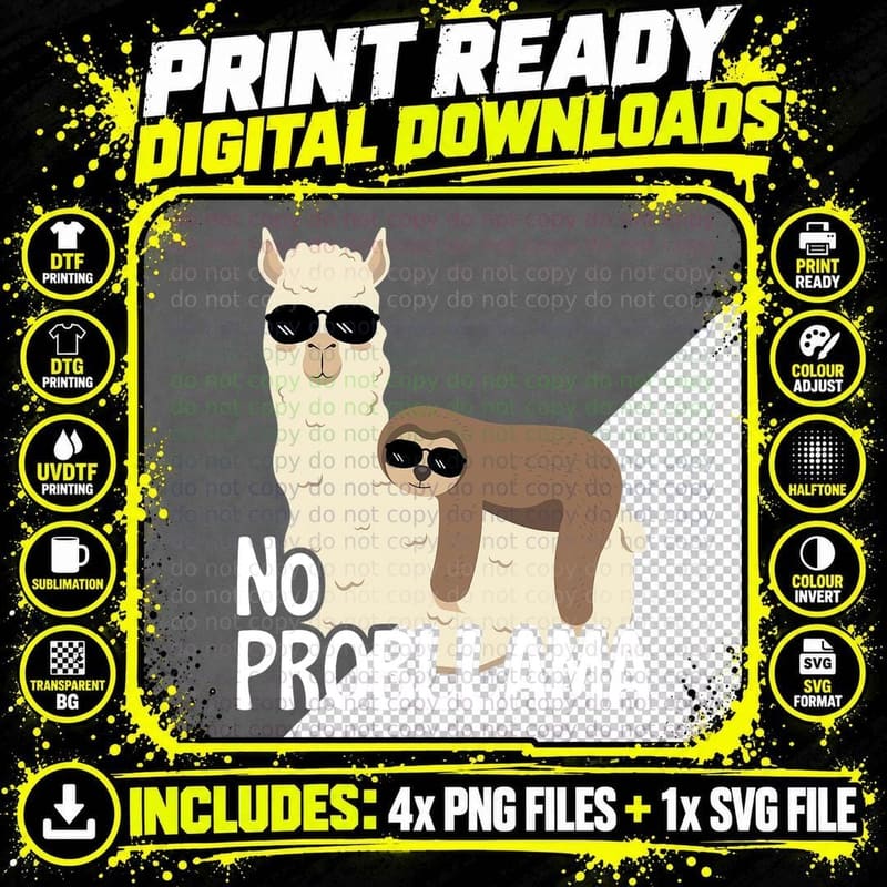 Sloth Riding Llama, Alpaca Sunglasses No Probllama Kids Png SVG Digital Bundle