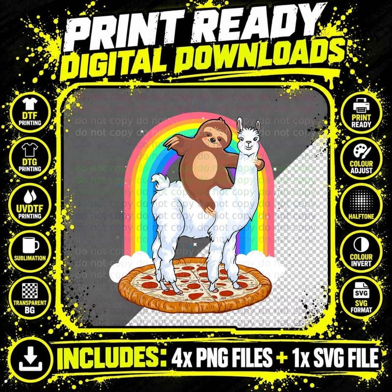 Sloth Riding on Llama Pizza Alpaca Rainbow Children Png SVG Digital Bundle