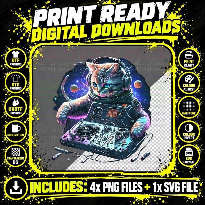 Space Cat DJ Cute Space Cat Disc Jockey Cat Astronaut Png SVG Digital Bundle