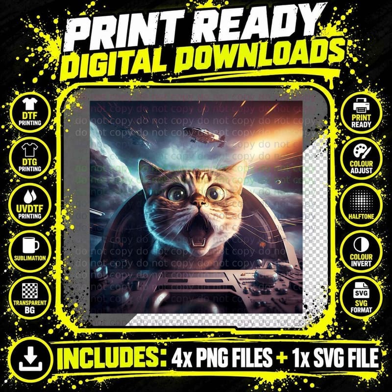Space Cat-Titude Funny Ufo Alien Cat Png SVG Digital Bundle