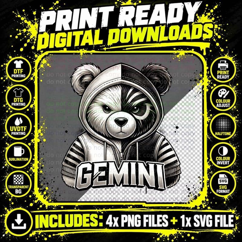 Split Black and White Bear in Hoodie Gemini Zodiac Sign Png SVG Digital Bundle