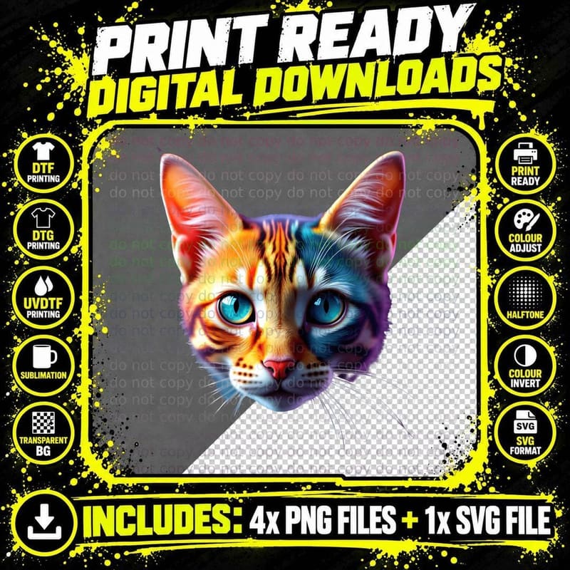 Split-Color Cat Orange Blue Tabby Neon Glow Animal Print Png SVG Digital Bundle