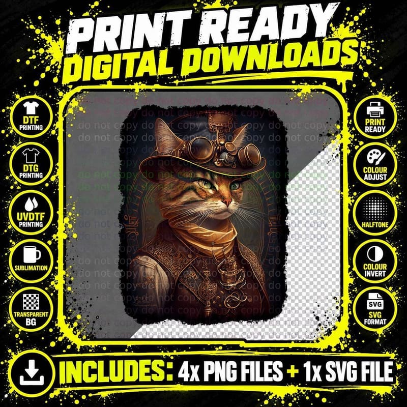 Steampunk Cat, Victorian Style Portrait Png SVG Digital Bundle