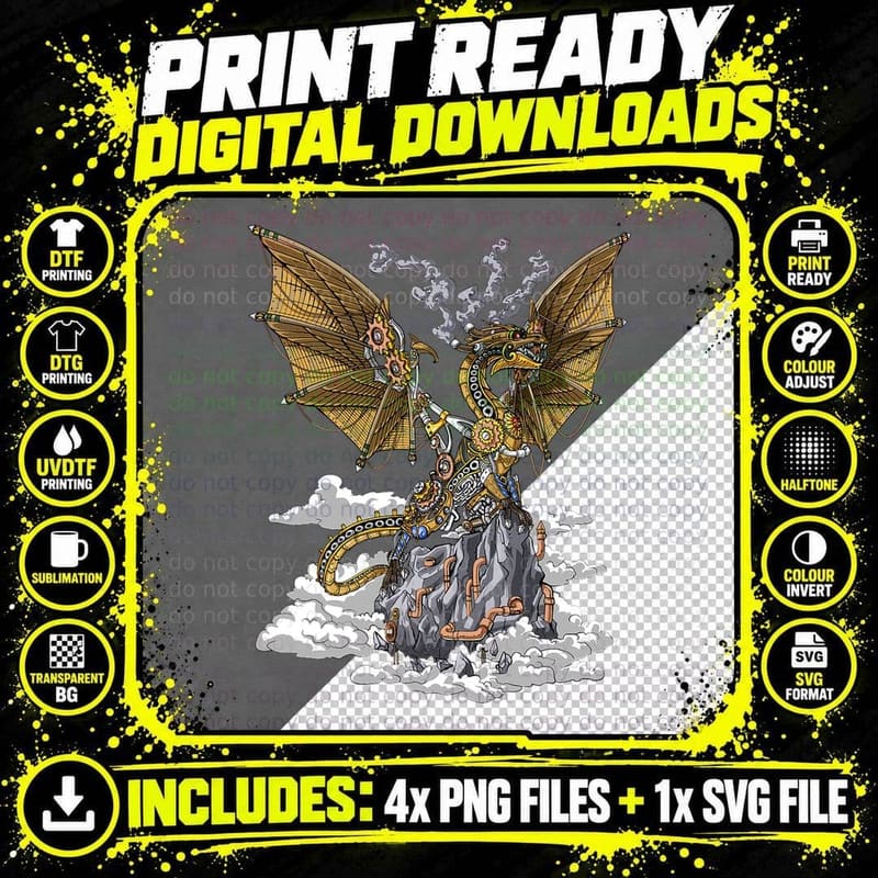 Steampunk Dragon Mechanical Gears Vintage T-Shirt Png SVG Digital Bundle