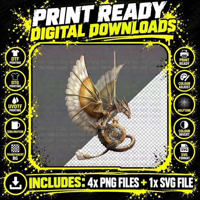 Steampunk Dragon on Watch Gift Vintage T-Shirt Png SVG Digital Bundle