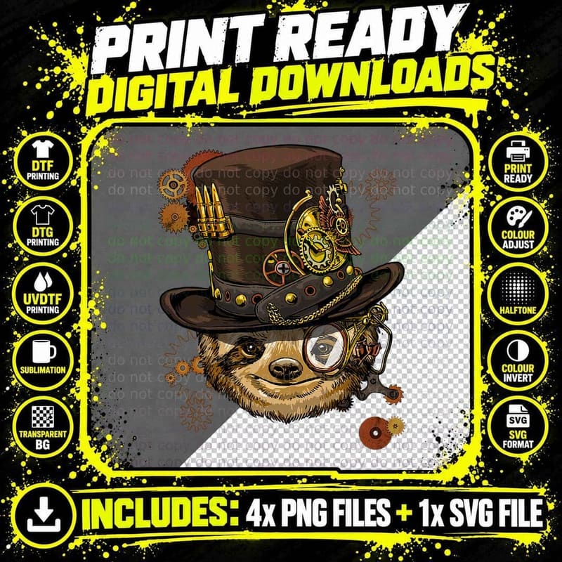 Steampunk Sloth Steampunk Nature Lovers T-Shirt Png SVG Digital Bundle