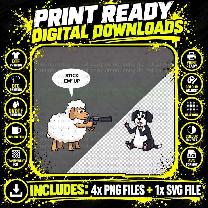Stick Em' up Funny, Sheep and Dog, Cool T-Shirt Png SVG Digital Bundle