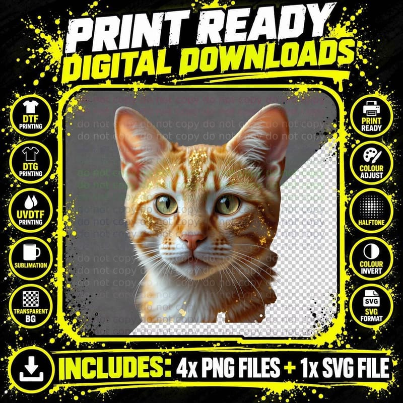 Striking Orange Tabby Cat Green Eyes Gold Glitter T-Shirt Png SVG Digital Bundle