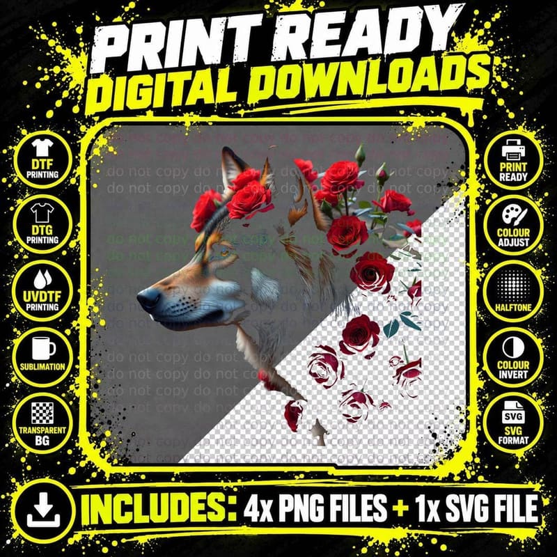 Striking Wolf Head Portrait Red Roses Green Leaves Black Png SVG Digital Bundle