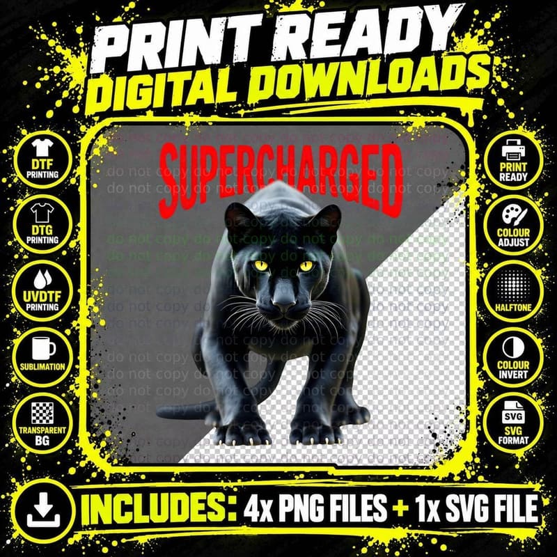 Supercharged Black Jaguar Cat with Piercing Yellow Eyes Png SVG Digital Bundle